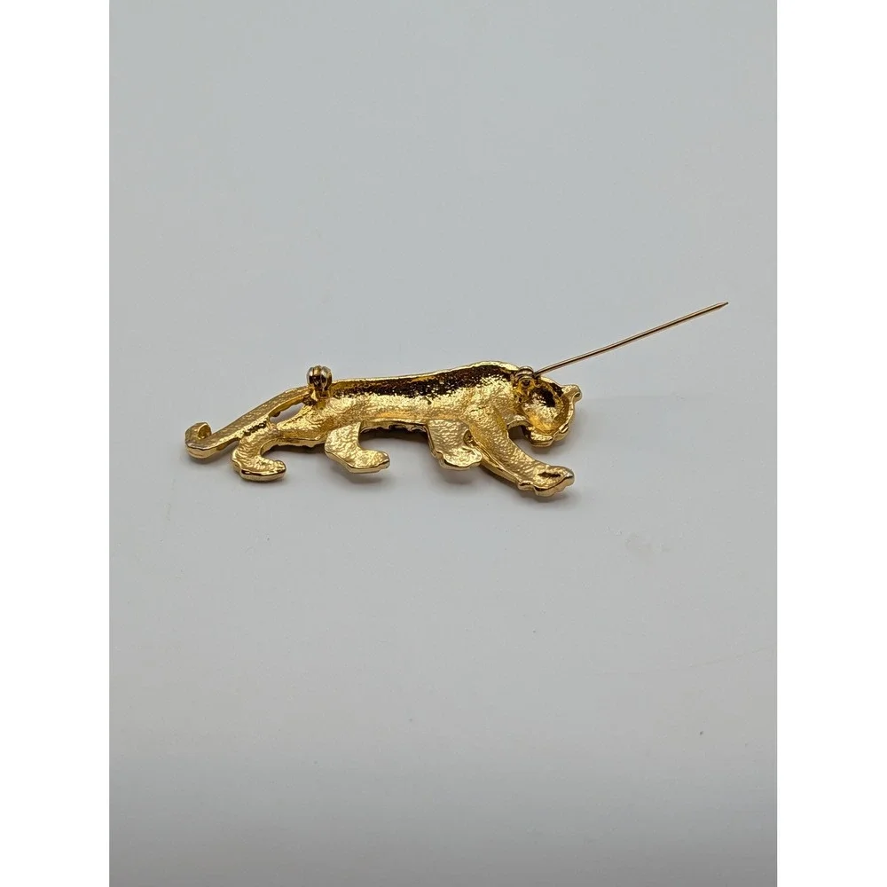 Vintage Tiger Panther Brooch Pin Gold Tone Black Enamel Amber Rhinestone Big Cat